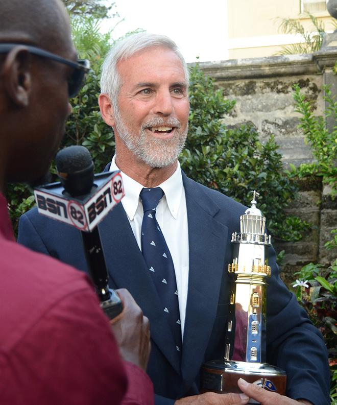 A happy Lighthouse winner.  Rives Potts with his 2nd Lighthouse Trophy, the 3rd for his yacht Carina.  © Talbot Wilson